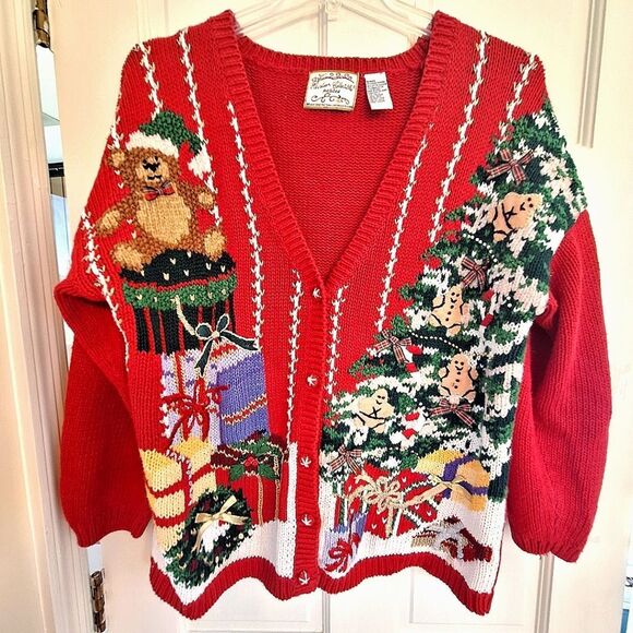 Heirloom Collectibles PL Vintage Christmas Sweater Cardigan Bears School Teacher - Picture 3 of 16